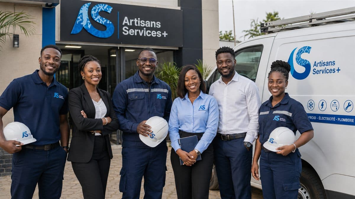 Équipe ASP au complet devant l'enseigne de l'entreprise et une camionnette de service