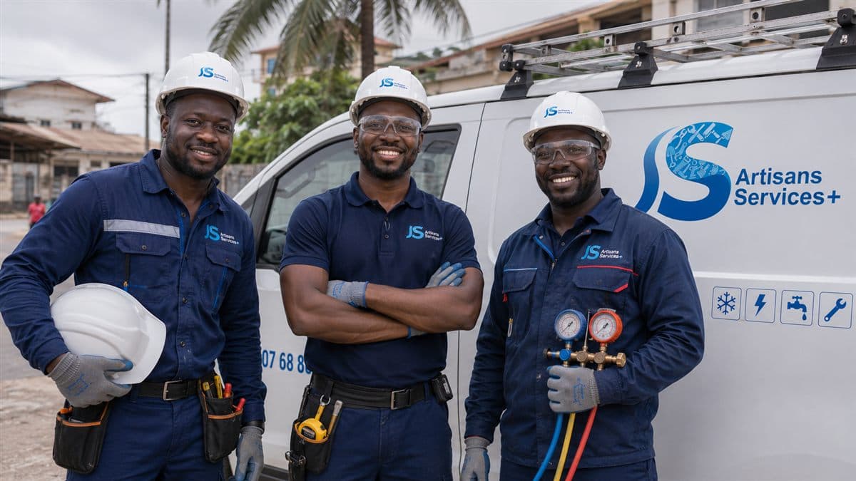 Équipe de techniciens et commerciaux Artisans Services+ réunis sur le terrain