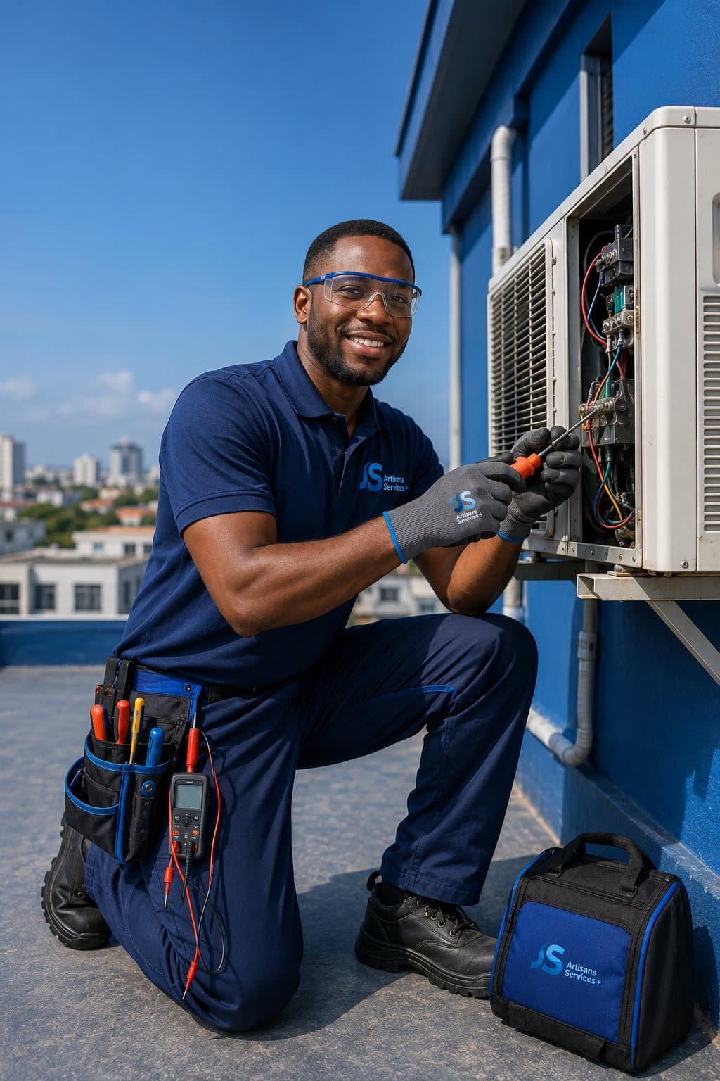 Technicien ASP en polo bleu marine réparant une unité de climatisation extérieure sur un toit