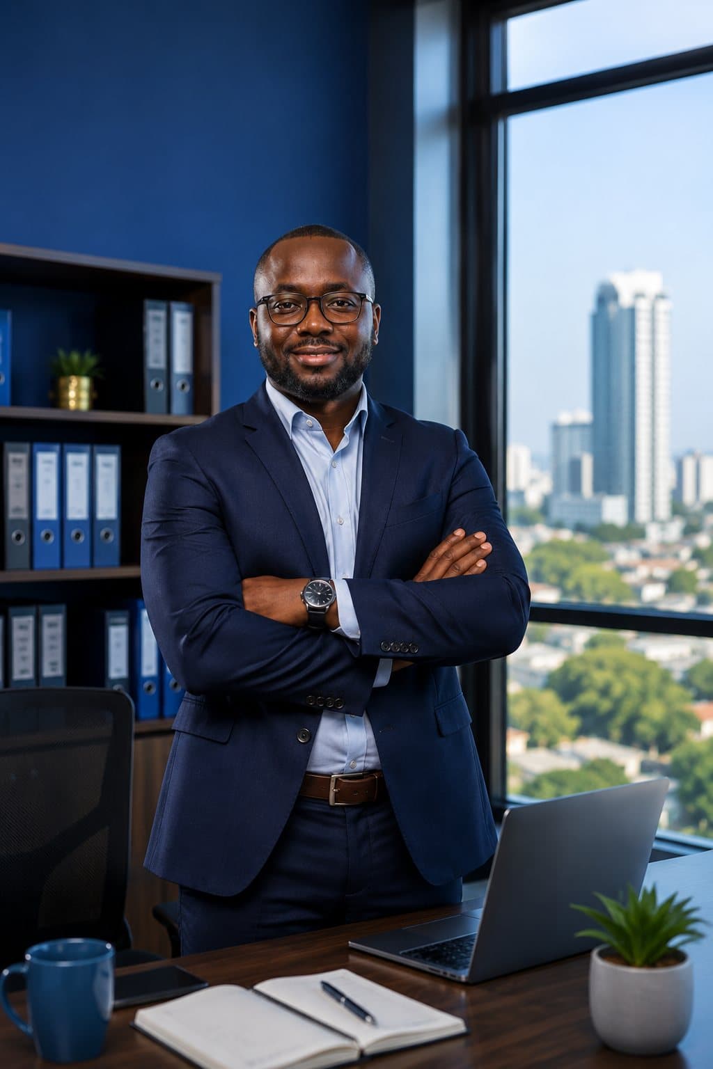 Membre de la direction ASP en costume, bras croisés, dans un bureau avec vue sur Abidjan