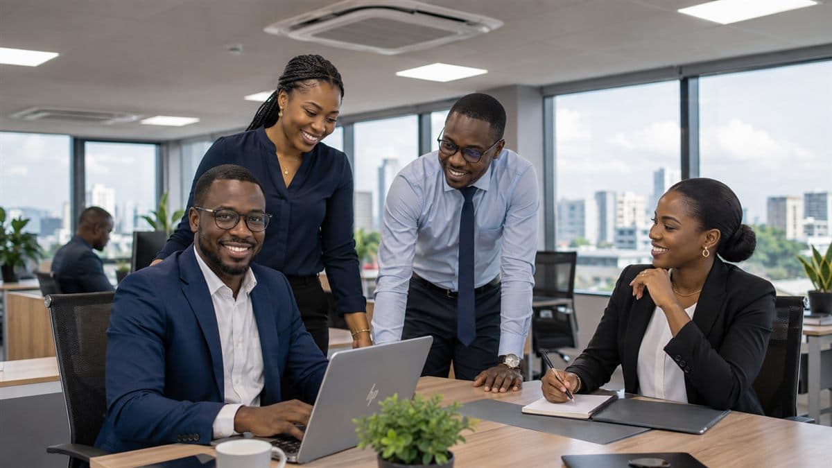 Équipe de professionnels ivoiriens travaillant ensemble dans un openspace climatisé et confortable