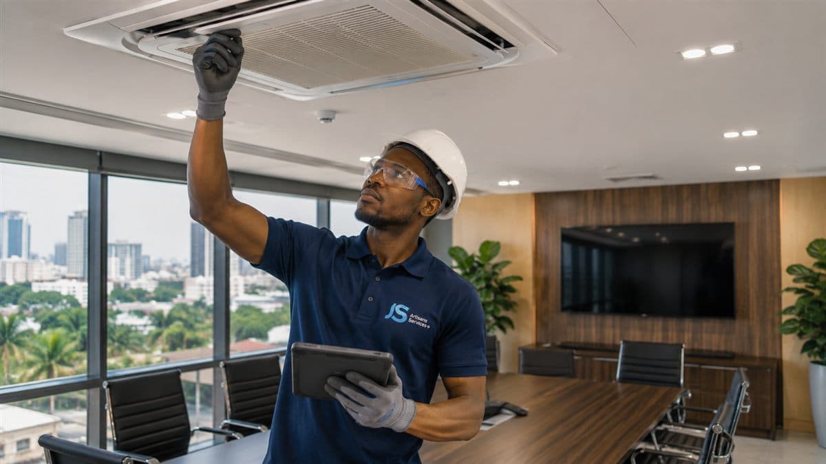 Technicien ASP inspectant un climatiseur cassette au plafond d'une salle de réunion, tablette en main