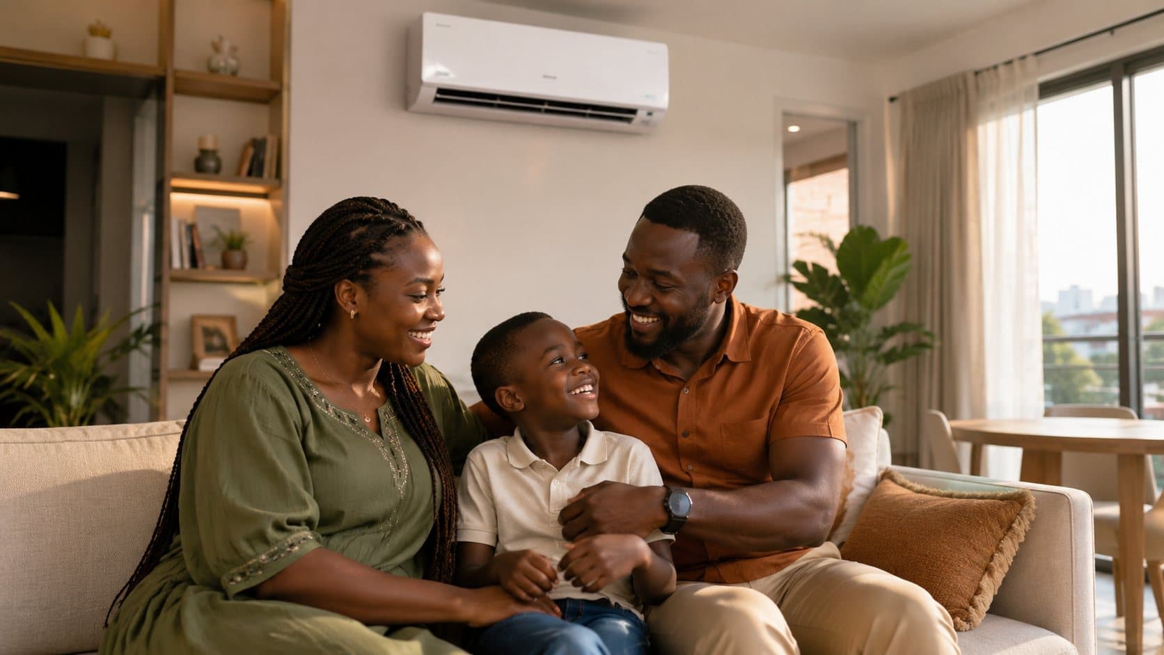 Famille ivoirienne souriante dans son salon, climatiseur mural visible au mur