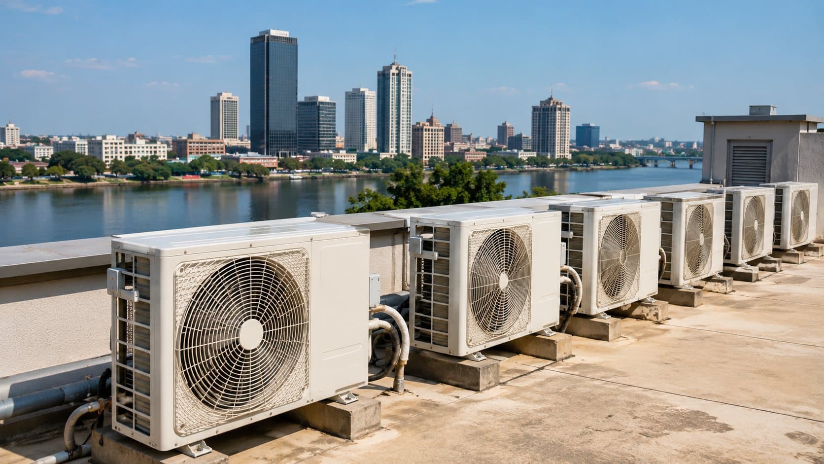 Rangée d'unités extérieures de climatiseurs sur un toit-terrasse, skyline d'Abidjan en arrière-plan