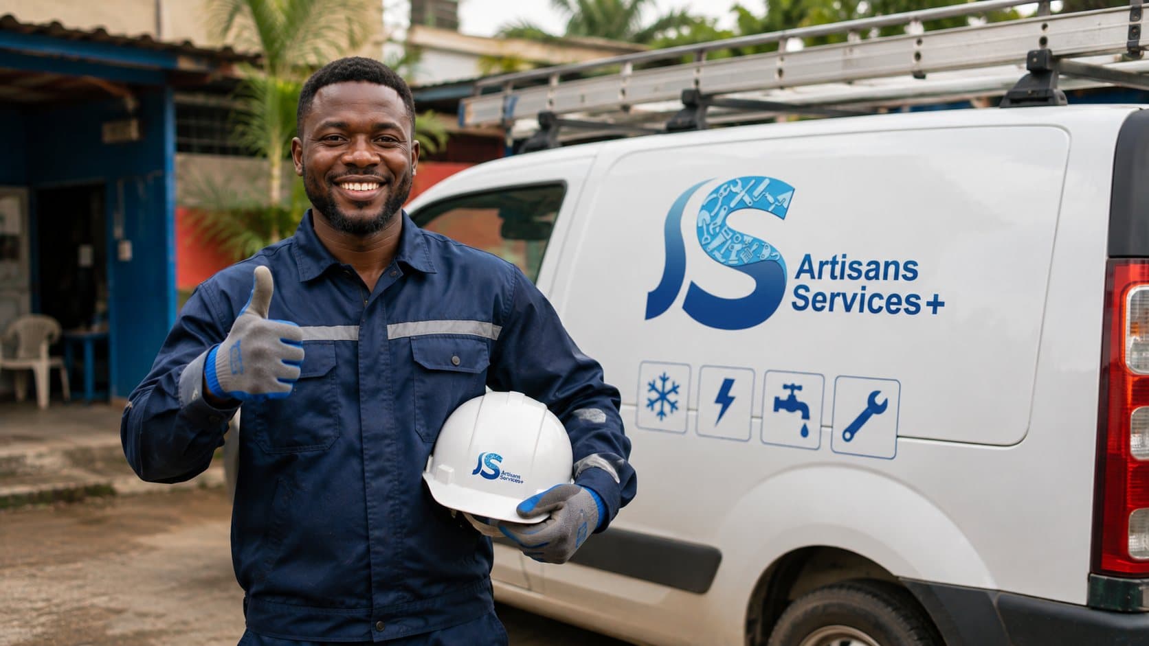 Artisan ASP souriant, pouce levé, devant une camionnette de service floquée