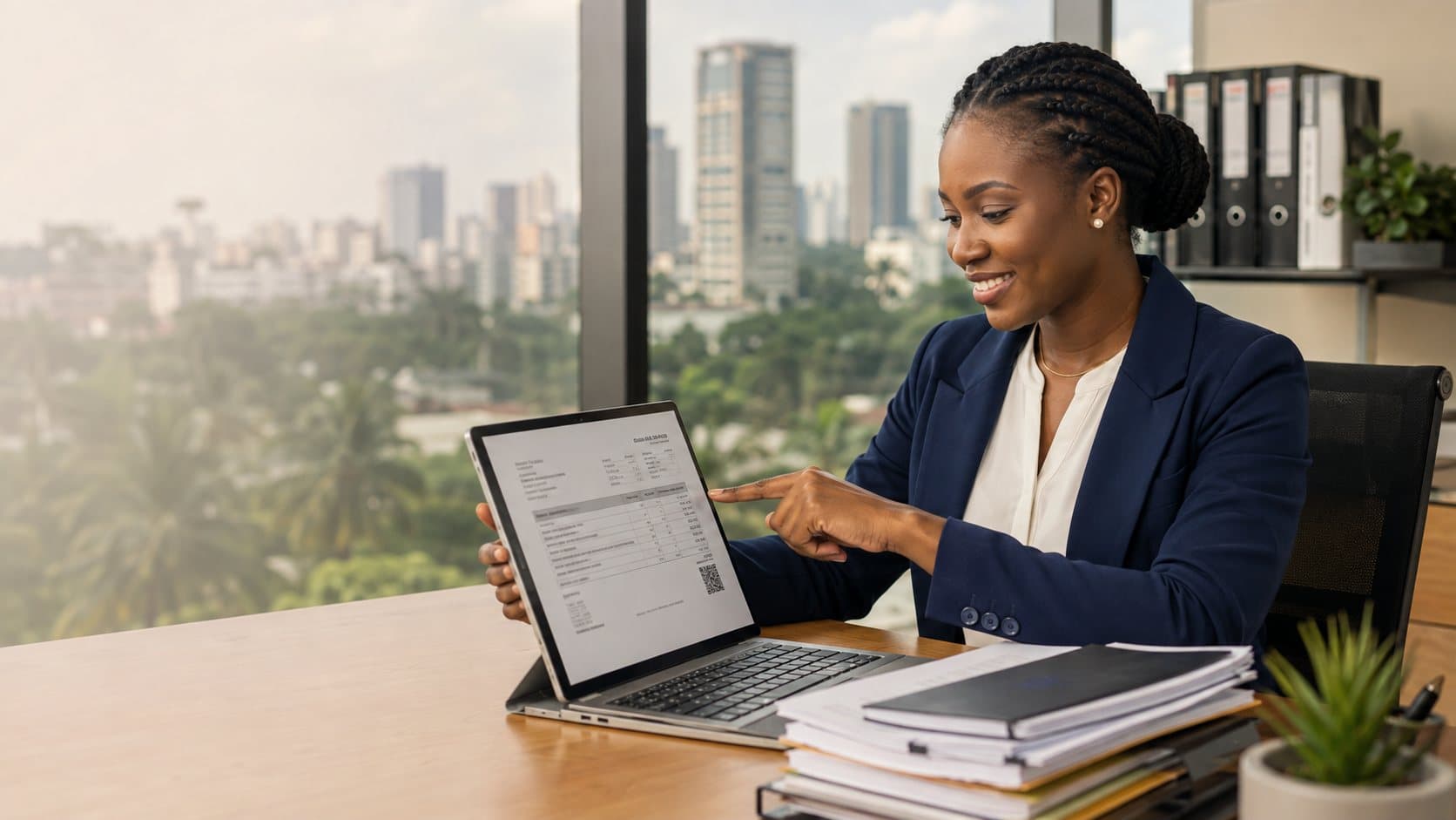 Professionnelle ivoirienne consultant une facture normalisée électronique sur son ordinateur portable au bureau