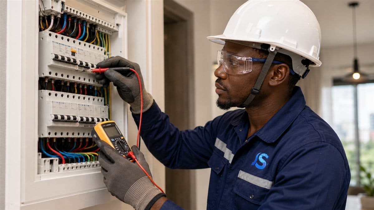 Technicien ASP casqué contrôlant un tableau électrique au multimètre