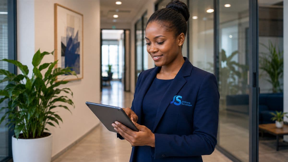 Responsable ASP consultant une tablette dans un couloir de bureaux modernes