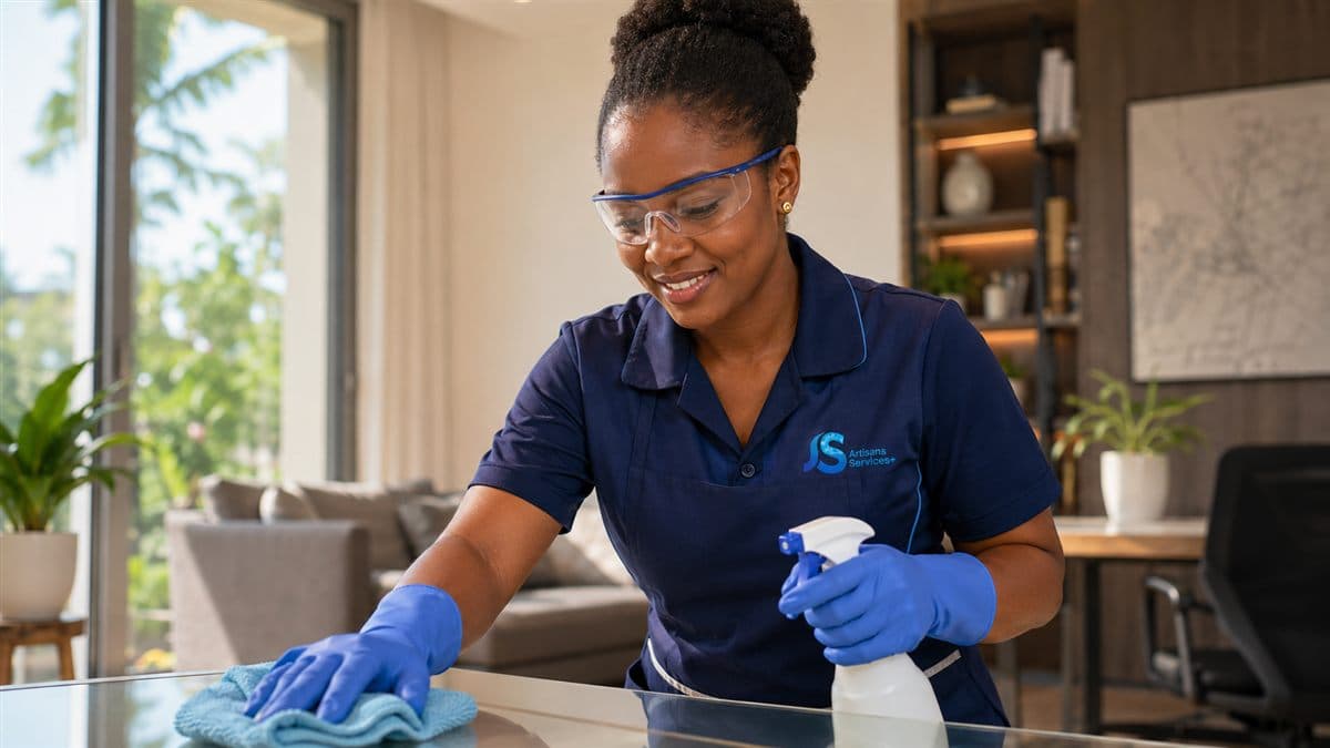 Employée ASP en tenue bleu marine nettoyant une table vitrée dans un salon