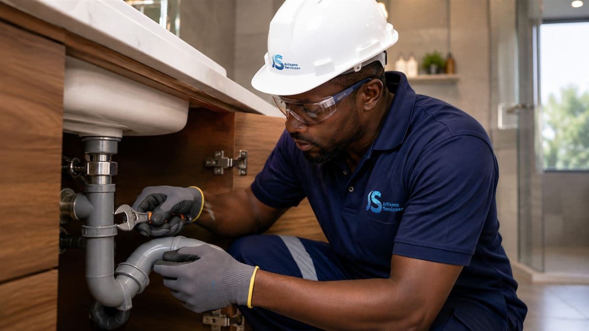 Technicien ASP réparant une canalisation sous un évier de salle de bain